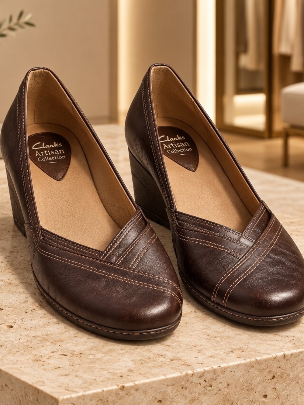 Clarks Artisan Collection Brown Leather Wedge Pumps
